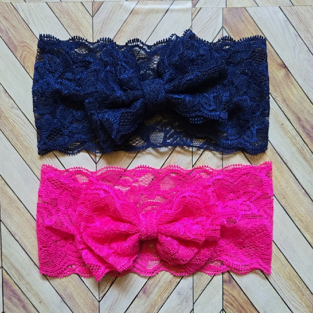 Kids Lace Bowknot Navy Blue Pink Headbands Elastic Bow Headwrap Girls Hairbands